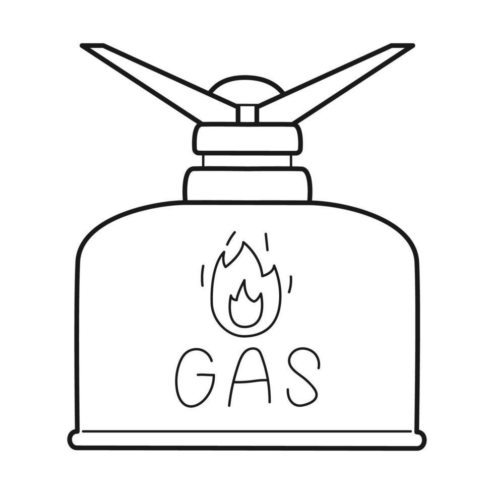 cilindro de gas de fideos y quemador de gas. estufa de camping al aire libre. equipo para cocinar en caminatas, viajes, campamentos. inventario turístico. esbozar ilustración vectorial en blanco y negro aislada en blanco. vector