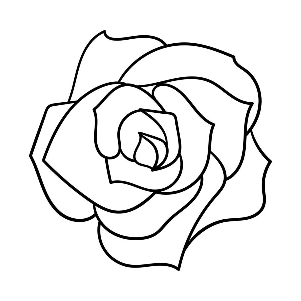 The flower of a blooming rose. The view from the top. A bud with petals. Simple decorative element design. The outline illustration is hand-drawn, isolated on a white background. Black white vector. vector