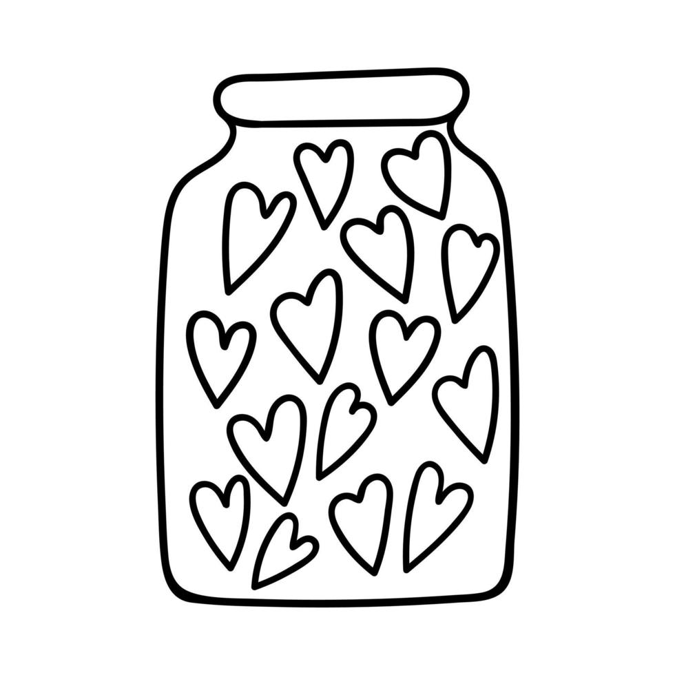 A jar filled with hearts. Simple decorative design element. The outline illustration is hand-drawn, isolated on a white background. Black white vector. vector