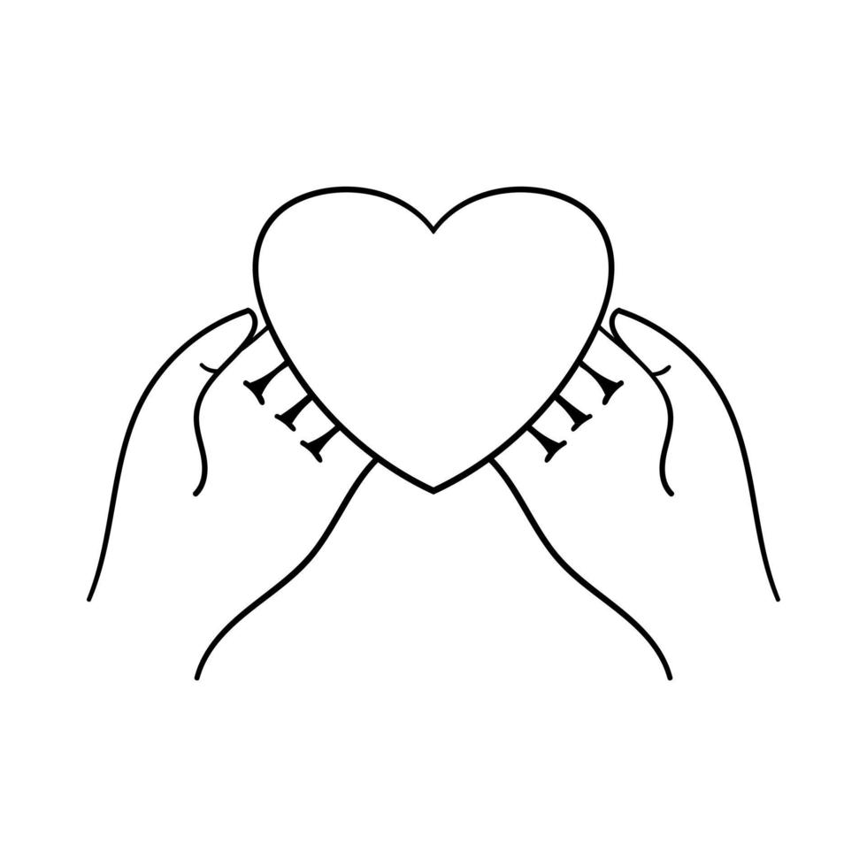Valentine card in his hands. Hands holding the heart. Decorative element for Valentine's Day. Outline design object is drawn by hand and isolated on a white background. Black white vector illustration