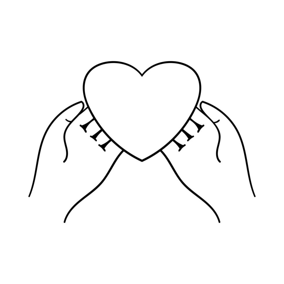 Valentine card in his hands. Hands holding the heart. Decorative element for Valentine's Day. Outline design object is drawn by hand and isolated on a white background. Black white vector illustration