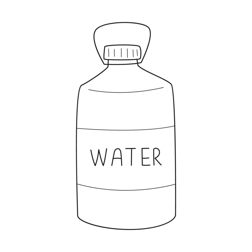 Doodle large bottle of water. A canister for liquid in a large volume for camping, picnic, car travel, water supply. Outline black and white vector illustration isolated on a white background.