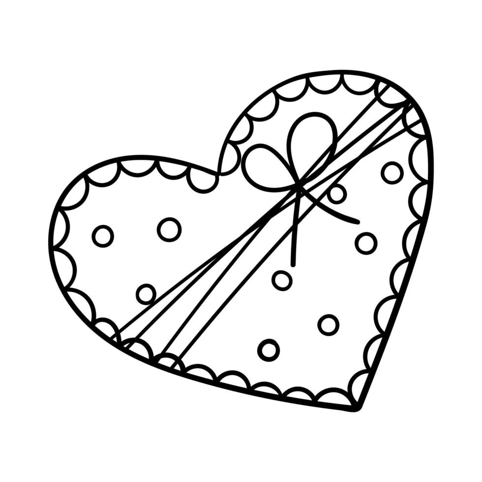 Valentine card in the shape of a heart with a pattern and a bow. Simple decorative design element. The outline illustration is hand-drawn, isolated on a white background. Black white vector. vector