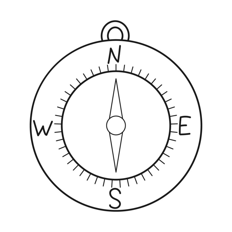 Doodle Magnetic compass. Navigation tool. Equipment for tourism, travel, hiking. Outline black and white vector illustration isolated on a white background.