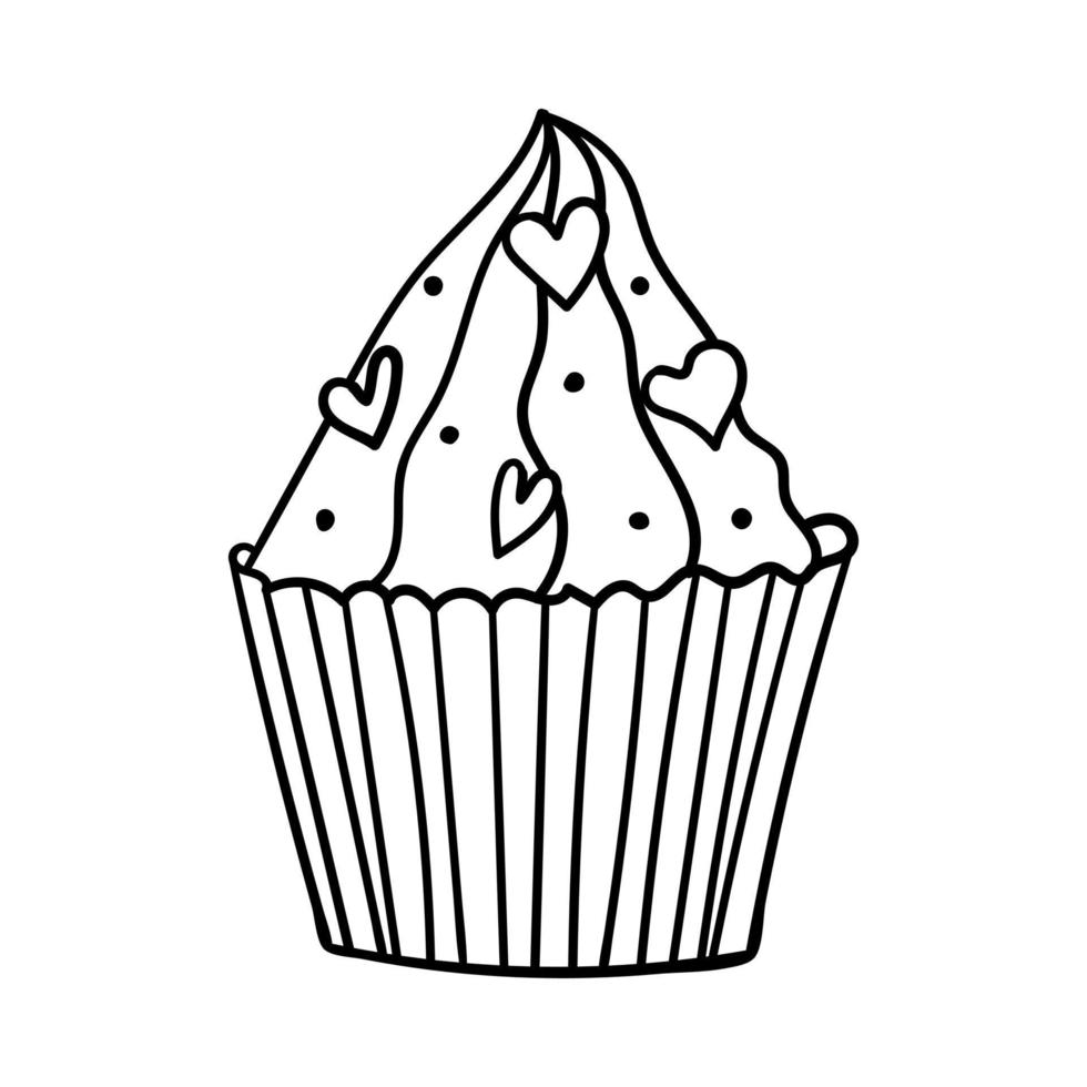 Cupcake with cream and decoration of hearts. For decoration on Valentine's Day. Simple outline design element is hand drawn and isolated on white. Doodle style.Black white vector illustration