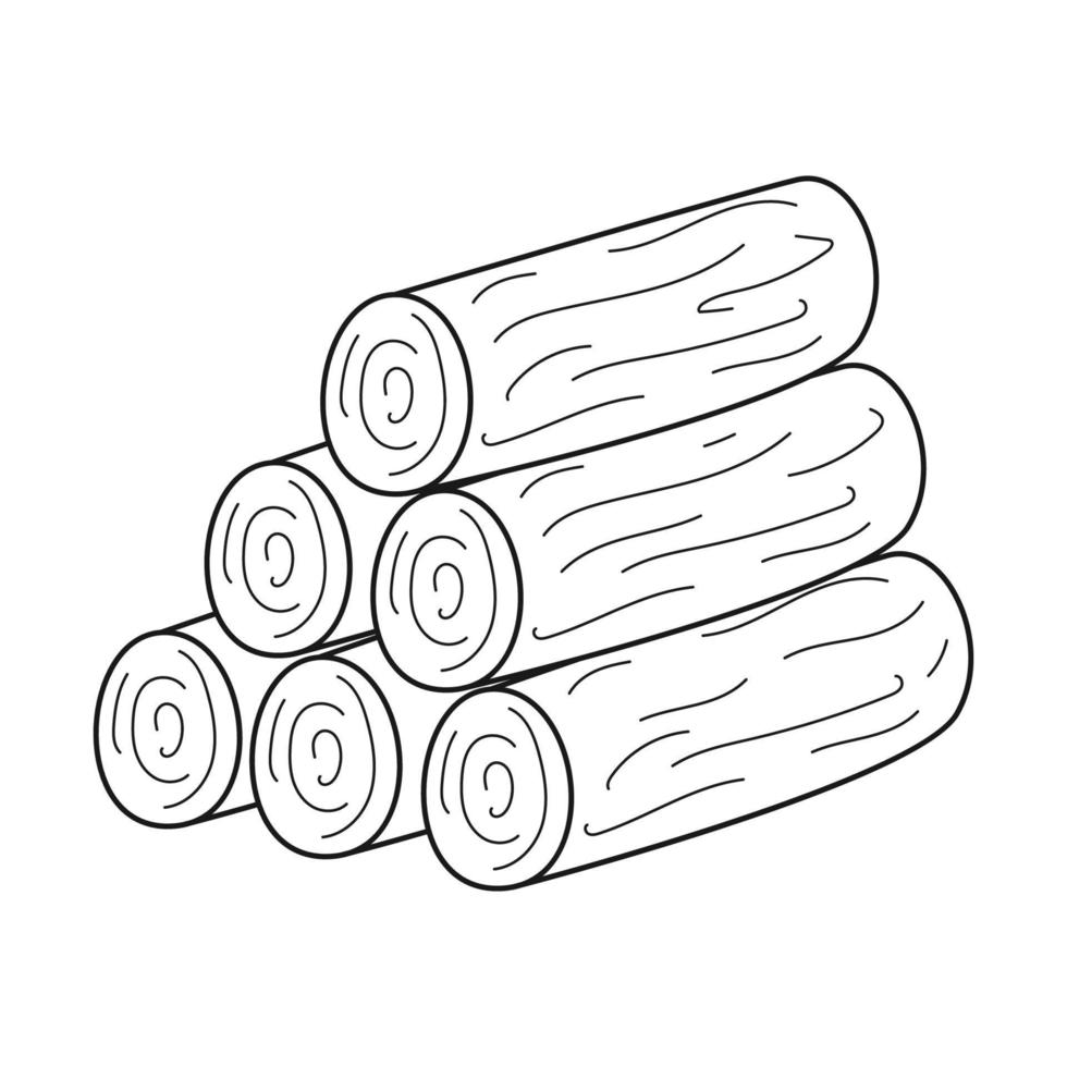 Doodle A stack of firewood, a woodpile for making a fire on a hike, camping, picnic or road trip. Felled tree trunks. Outline black and white vector illustration isolated on a white background.