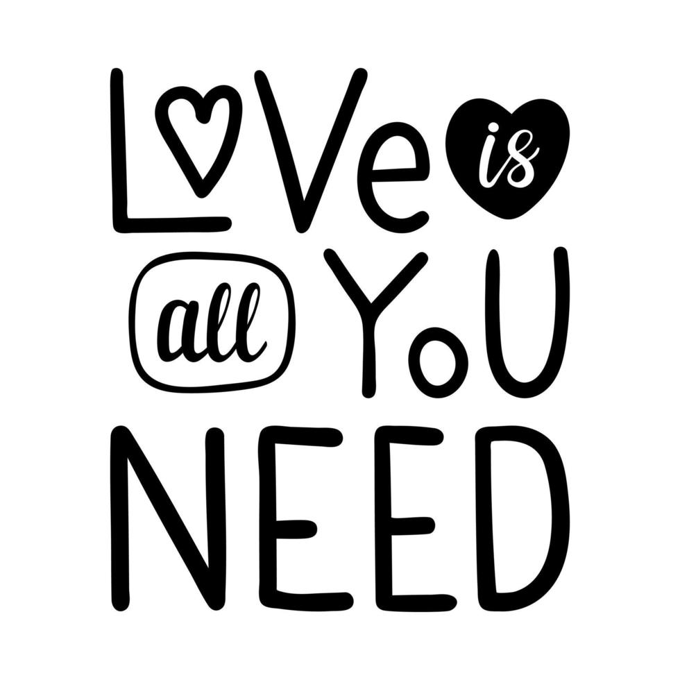 Poster with the words-Love is all you need. Simple decorative text element design for Valentine's Day. Simple hand lettering illustration isolated on white background. Black white vector