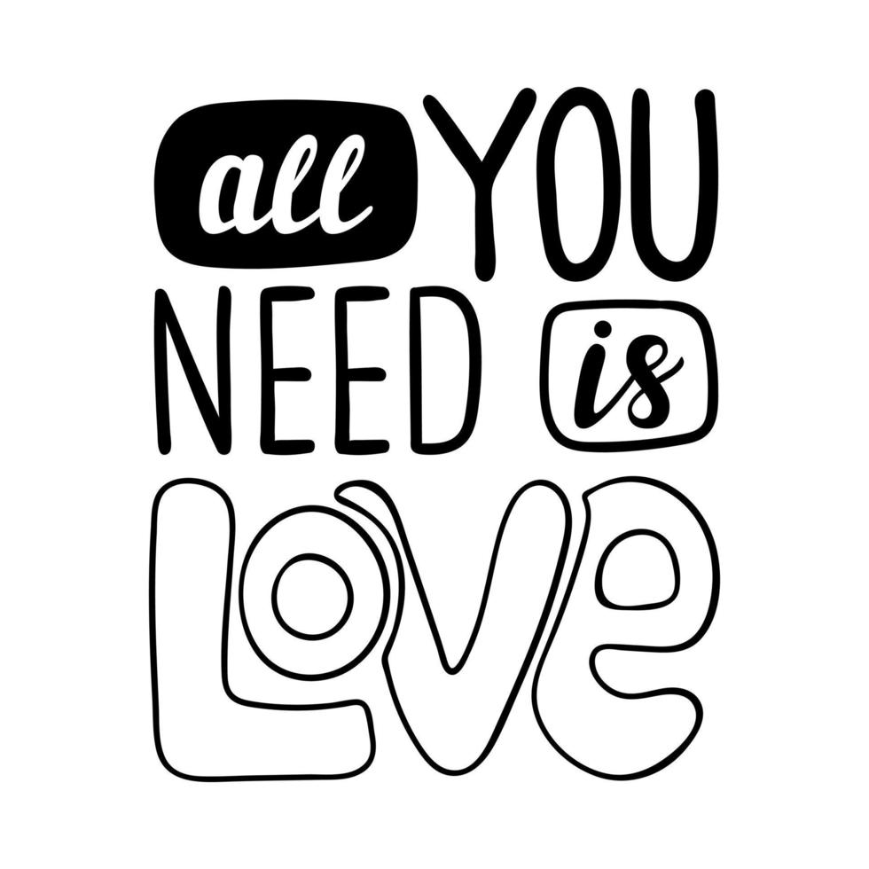 Poster with the words-All you need is Love. Simple decorative text element design for Valentine's Day. Simple hand lettering illustration isolated on white background. Black white vector. vector