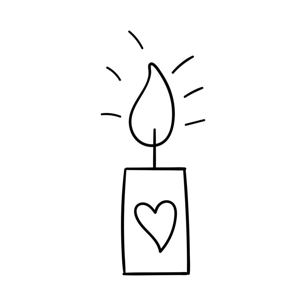 A burning candle with a pattern in the shape . Decorative design element for Valentine's Day. Simple outline illustration drawn by hand and isolated on white background. Black white vector. vector