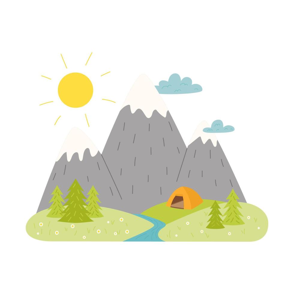 montañas, río, abetos y una carpa en el horizonte. paisaje de verano simple. recreación al aire libre, senderismo, camping, turismo. ilustración vectorial de dibujos animados plana aislada en un fondo blanco. vector