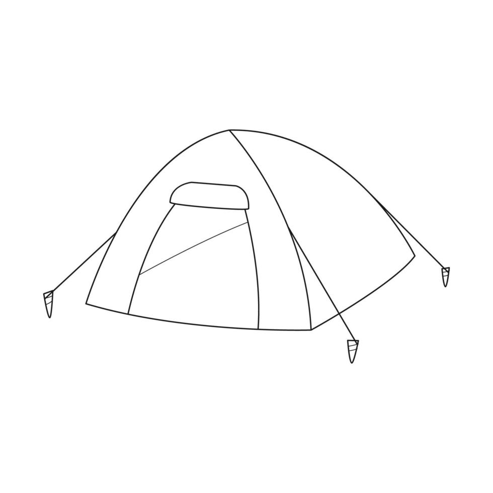 Doodle Camping tent. Equipment for picnics, outdoor recreation, travel, hiking. Outline black and white vector illustration isolated on a white background.