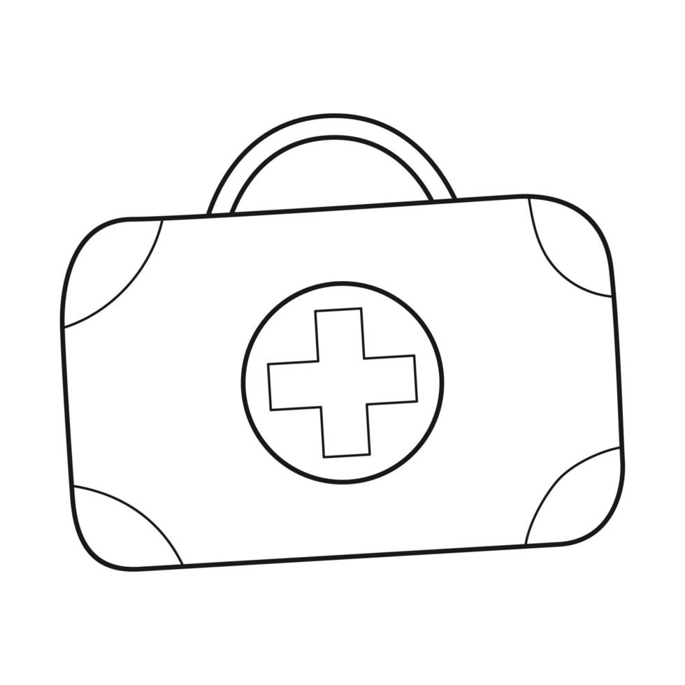 Doodle Tourist medical kit. A portable suitcase with medicines for cars, camping, hiking, at home. Outline black and white vector illustration isolated on a white background.