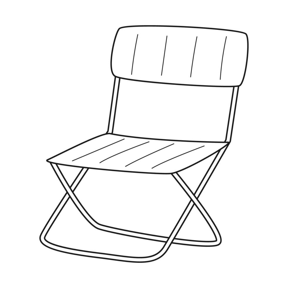 Doodle Tourist folding chair. Camping equipment, car travel, garden. A piece of furniture. Outline black and white vector illustration isolated on a white background.