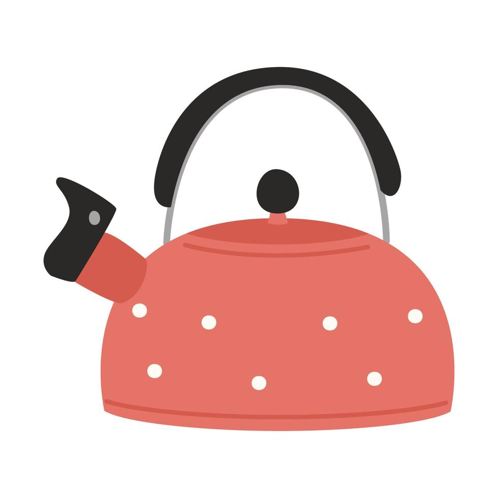 Red polka dot teapot with lid and whistle. Kitchen equipment, utensils for camping, picnic, cooking on gas or fire. Flat vector illustration isolated on a white background.