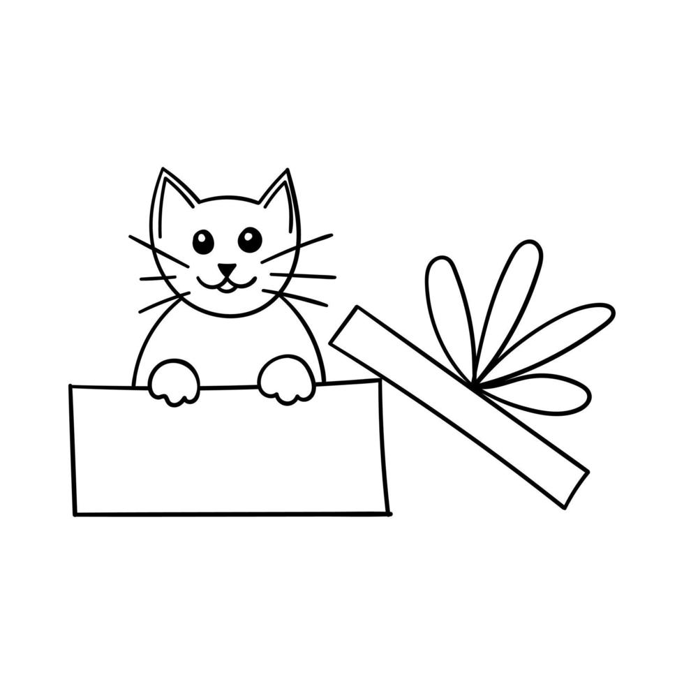 gato en una caja abierta. elemento de diseño decorativo simple. la ilustración del esquema está dibujada a mano, aislada en un fondo blanco. vector blanco negro.