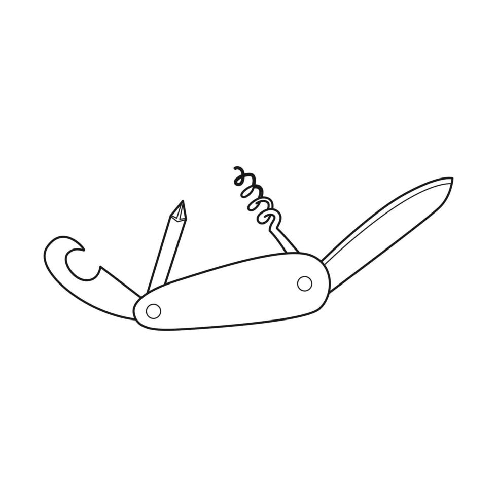 navaja suiza de fideos, multiherramienta, navaja de bolsillo multifuncional. equipos para pesca, turismo, viajes, camping, senderismo. esbozar ilustración vectorial en blanco y negro aislada en un fondo blanco. vector