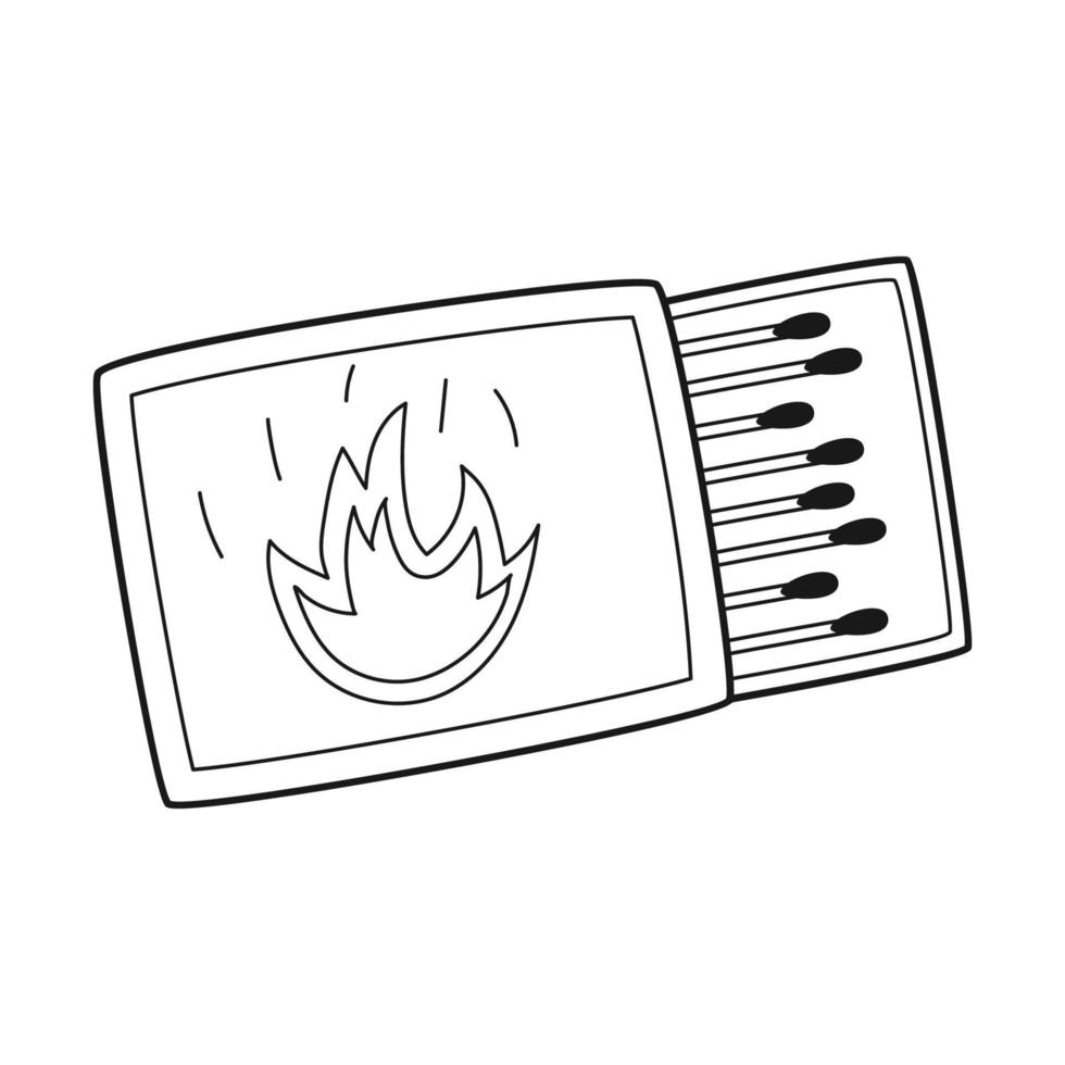 dibuja una caja de fósforos con fósforos. encendedor de campamento un iniciador de fuego. equipamiento para turismo, viajes, picnic, senderismo, deportes. esbozar ilustración vectorial en blanco y negro aislada en un fondo blanco. vector