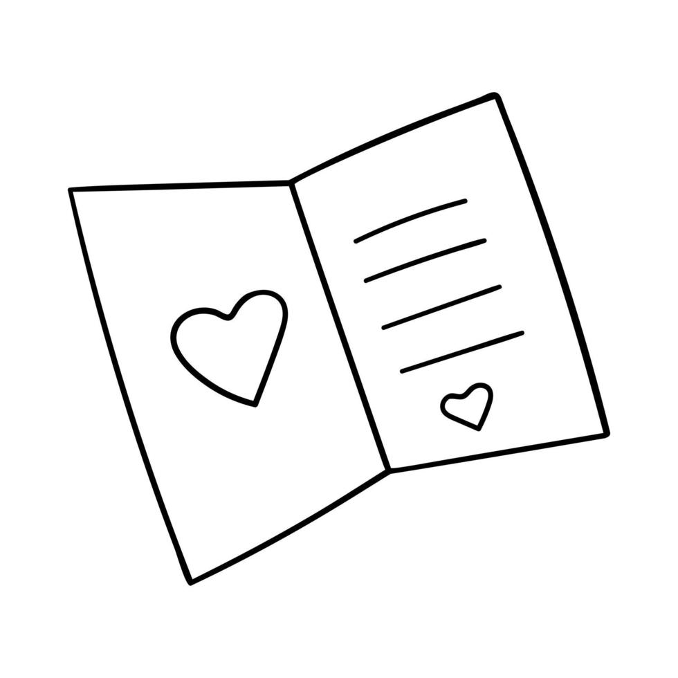 tarjeta abierta con un corazón. elemento decorativo para el día de san valentín. un simple objeto de diseño de un solo contorno se dibuja a mano y se aísla en blanco. estilo garabato. ilustración vectorial en blanco y negro. vector