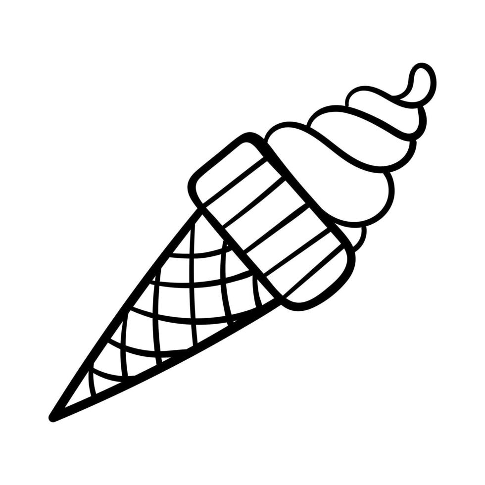 cucurucho de helado. diseño de elementos decorativos simples. comida, dulces, comida deliciosa. ilustración de esquema simple aislada sobre fondo blanco. vector blanco negro.