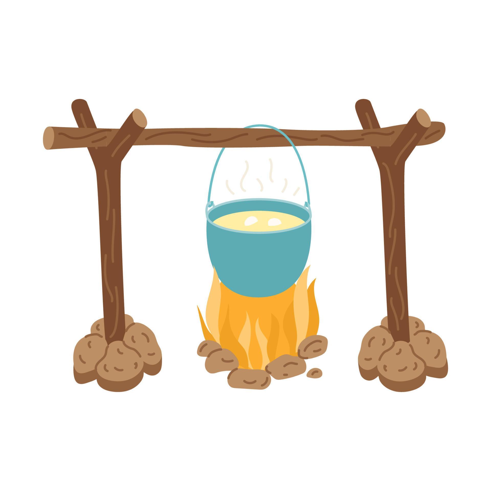 A pot of boiling soup on a burning wood fire. A fire pit with stones