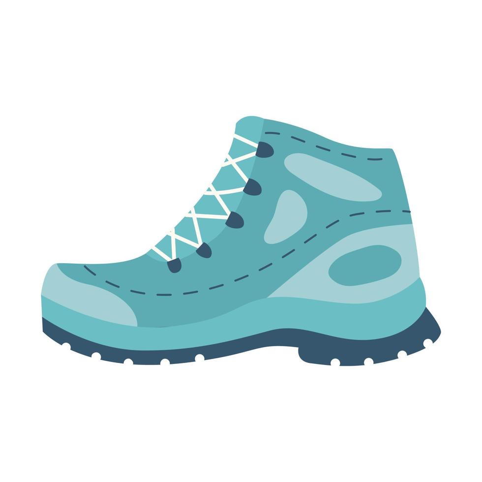 Hiking shoes. A blue shoe for tourist trips with a special tread on the sole. Equipment for tourism, travel, picnic, hiking, sports. Flat vector illustration isolated on a white background.