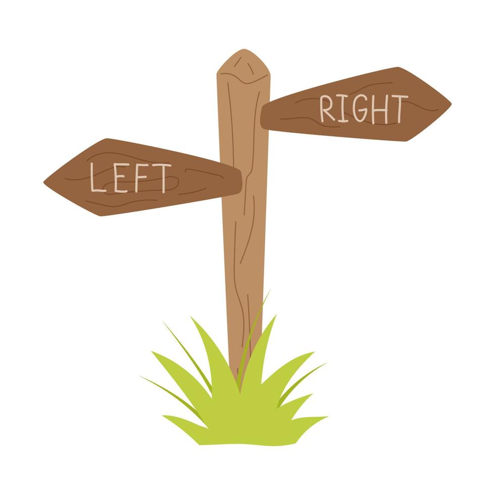 un cartel de bosque de madera, señales, postes de guía con un puntero - izquierda y derecha. muestra la dirección. el puntero de ruta. ilustración vectorial plana aislada en un fondo blanco. vector