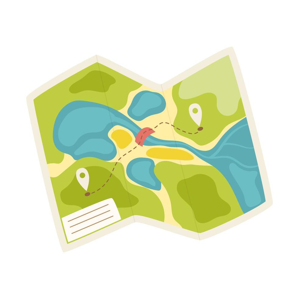 Paper tourist map of the area. A tool for navigation, orientation on the terrain. Equipment for tourism, travel, hiking, sports. Flat vector illustration isolated on a white background.