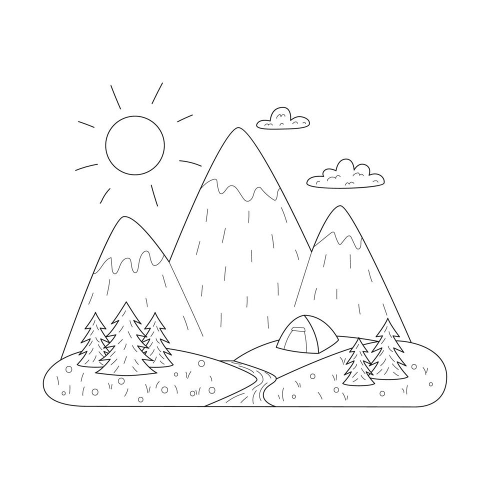 Mountains, river, fir trees and a tent on the horizon. Simple summer landscape in doodle style. Outdoor recreation, hiking, camping, tourism. Outline black white vector illustration isolated on white.