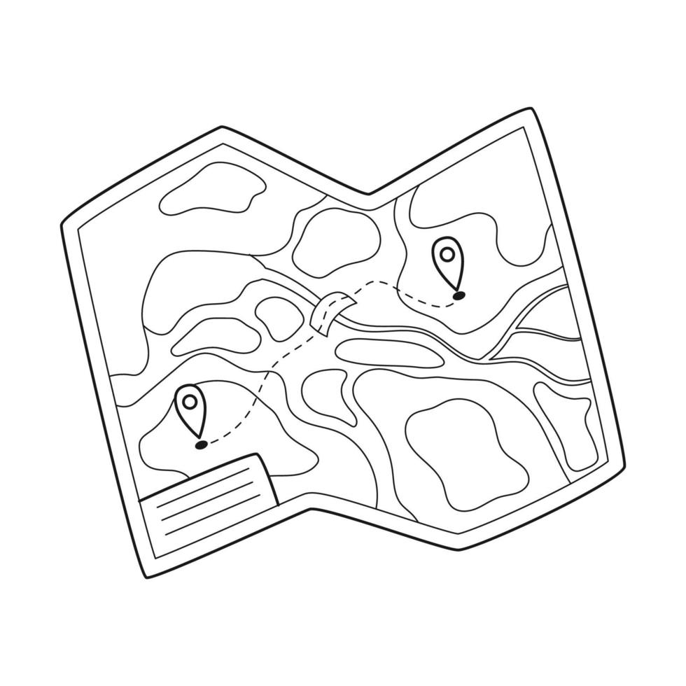 Doodle Paper tourist map of the area. A tool for navigation, orientation on the terrain. Equipment for tourism, travel, hiking, sports. Outline black and white vector illustration isolated on a white.