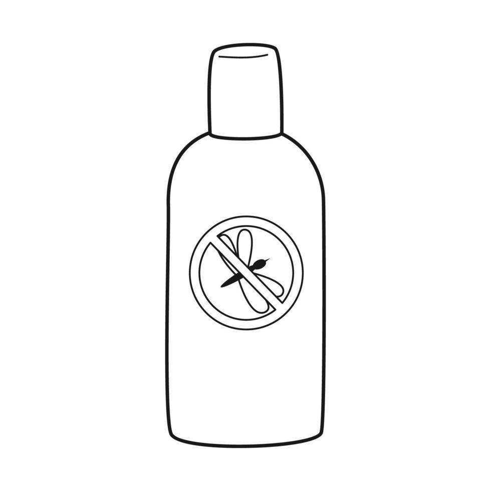 Doodle Mosquito repellent. Pocket spray with a mosquito blocked by a forbidding sign. Insecticide for camping, hiking, traveling. Outline black white vector illustration isolated on a white background