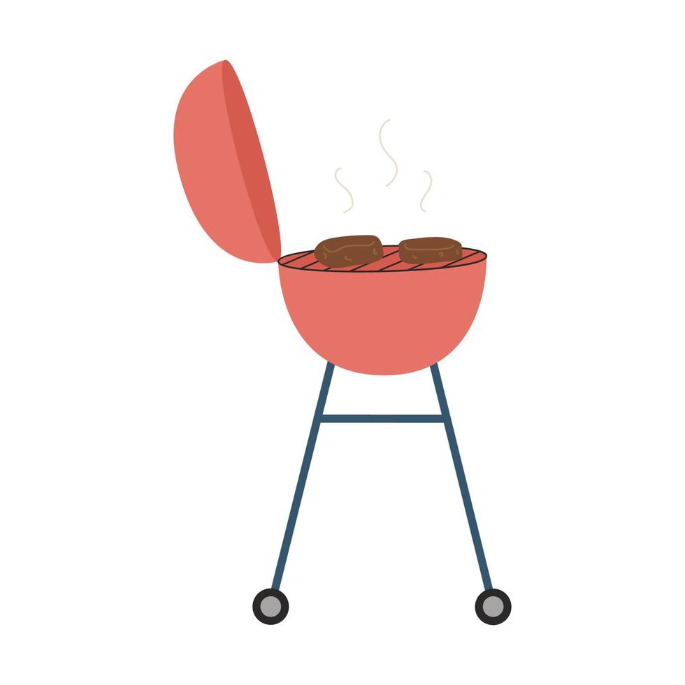 Barbecue, grill with roasting meat, steak. Barbecue equipment for a party, picnic, backyard. Cooking on coals. Flat vector illustration isolated on a white background.