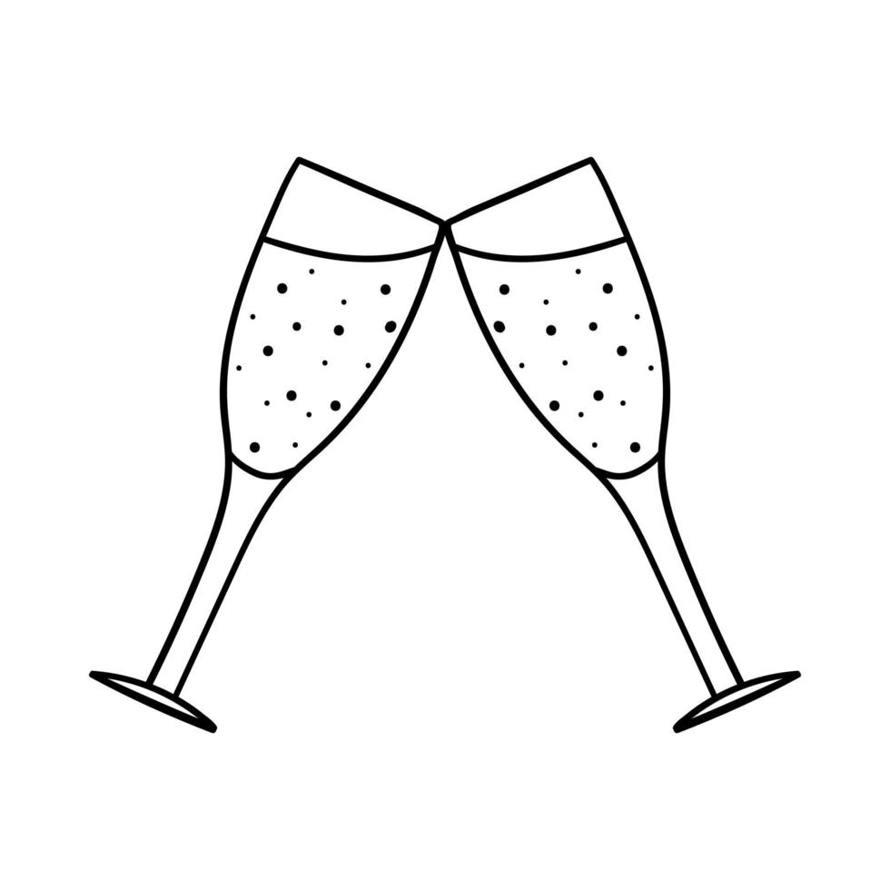 Champagne glasses clink together. Decorative element for Valentine's Day. A simple single outline design object is drawn by hand and isolated on a white background. Black white vector illustration.