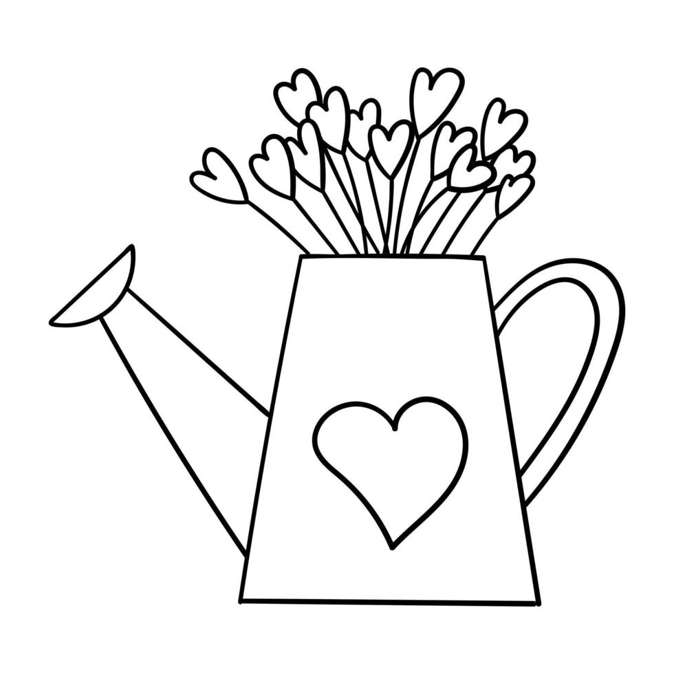 A watering can with hearts on stalks inside it. Simple decorative design element. The outline illustration is hand-drawn, isolated on a white background. Black white vector. vector