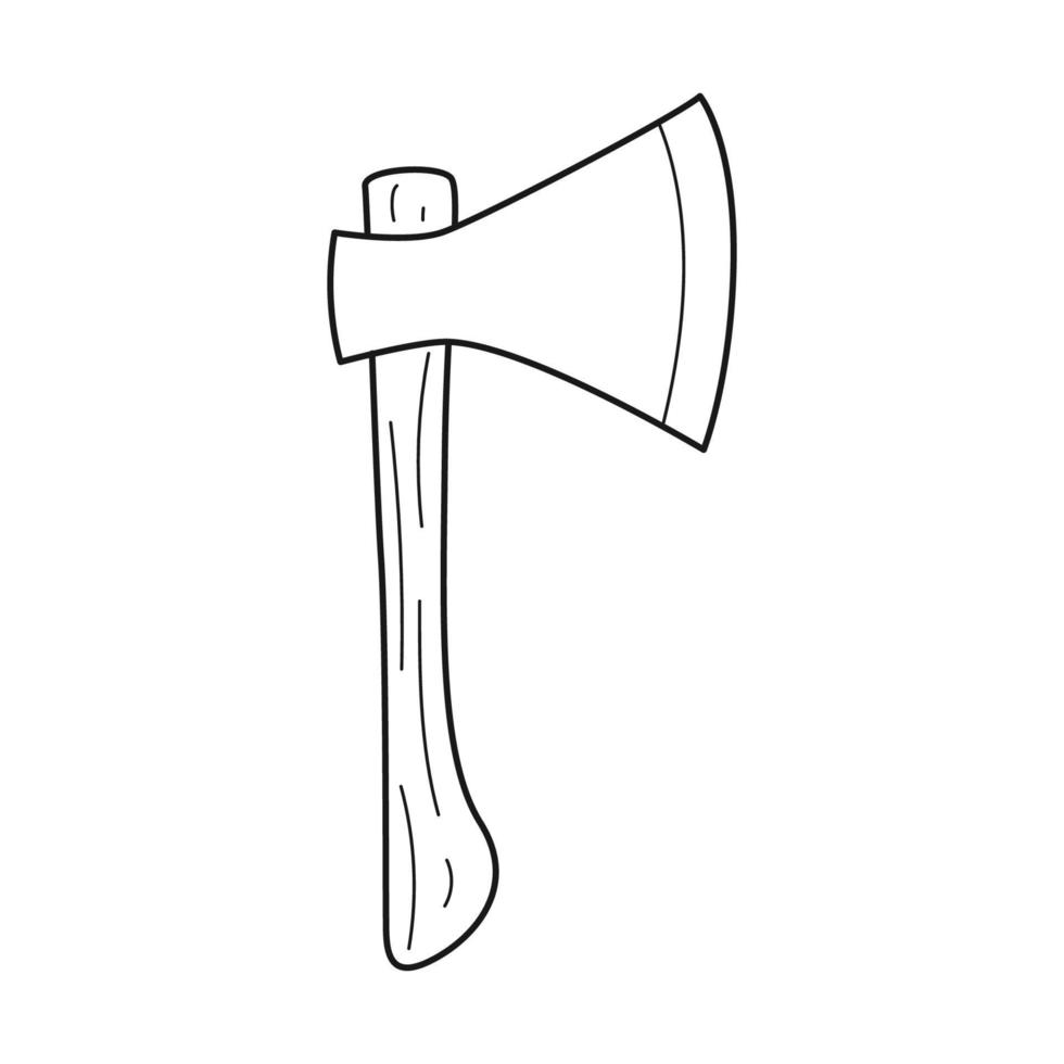 Doodle axe. Carpentry tools, camping equipment, logging. Outline hand-drawn black and white vector illustration isolated on a white background.