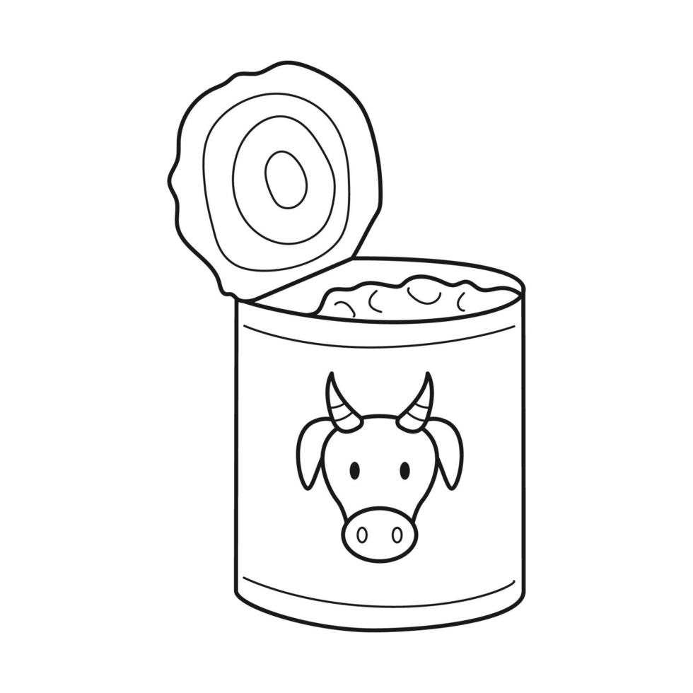 Doodle An open tin can with beef stew. Food, dry rations for field conditions, camping, hiking, traveling. Outline black and white vector illustration isolated on a white background.