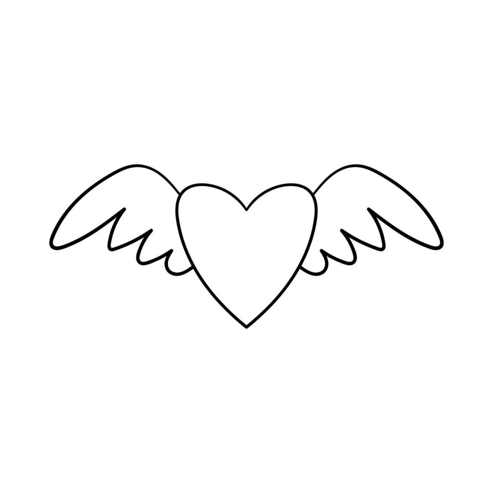 A heart with wings. Decorative element for Valentine's Day. A simple single outline design object is drawn by hand and isolated on a white background. Black and white vector illustration.Doodle style.