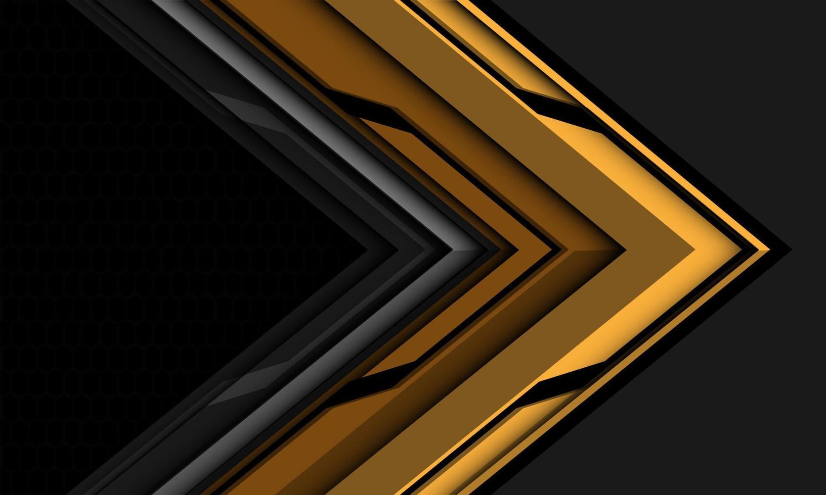 Abstract yellow black metallic arrow direction geometric with grey hexagon mesh design modern futuristic technology background vector