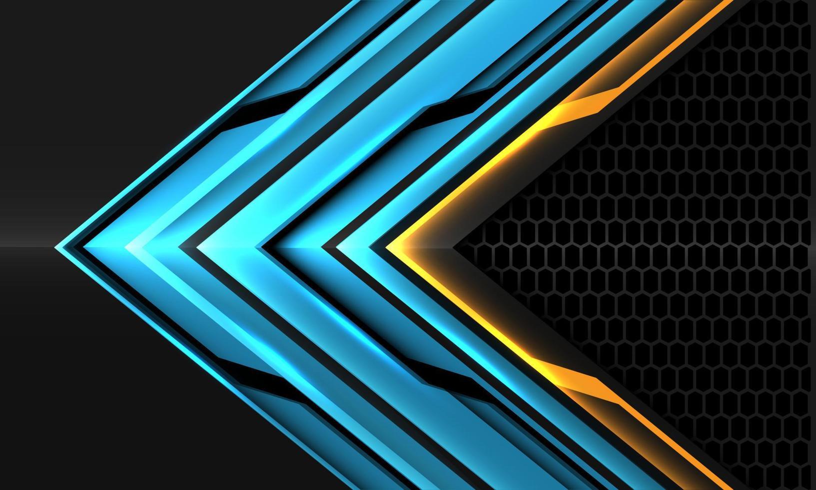 Abstract blue orange black metallic arrow direction geometric with grey hexagon mesh design modern futuristic technology background vector