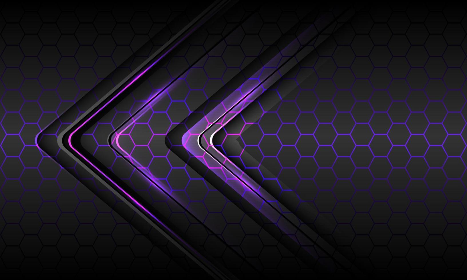 resumen púrpura luz negro delgada flecha dirección geométrica en gris hexágono patrón de malla diseño moderno lujo futurista tecnología vector de fondo