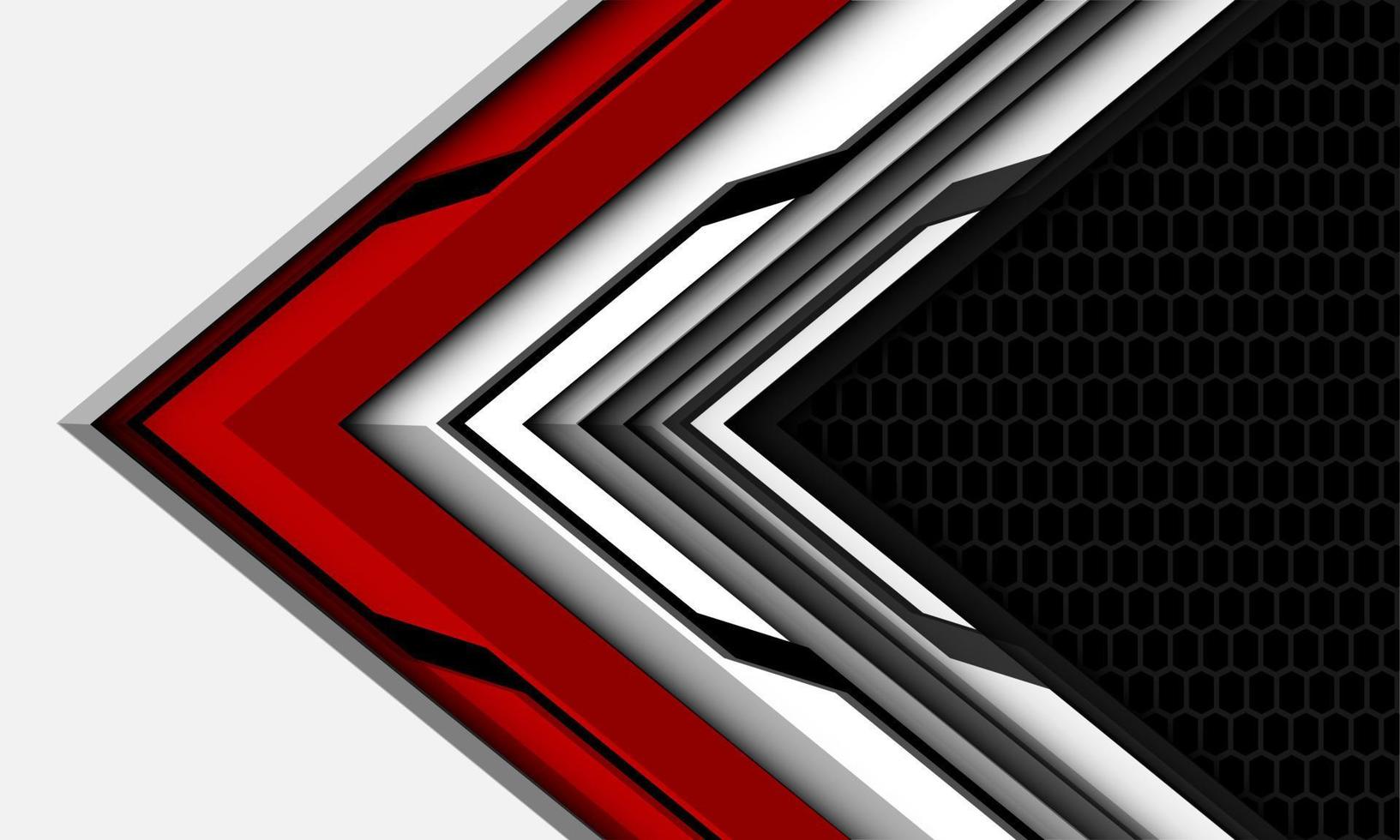 Abstract red white black metallic arrow direction geometric with grey hexagon mesh design modern futuristic technology background vector