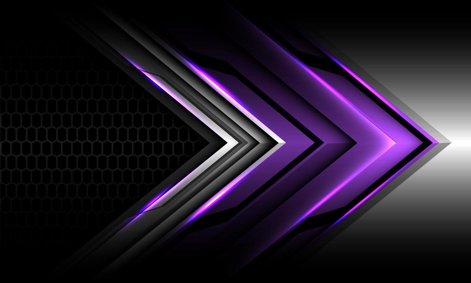 Abstract purple black metallic arrow direction geometric with grey hexagon mesh design modern futuristic technology background vector