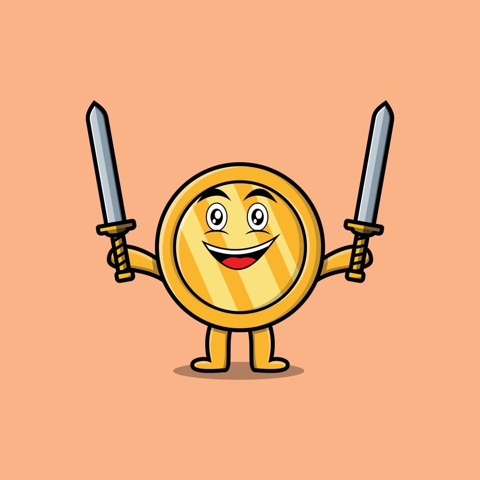 Cute cartoon Gold coin character holding two sword vector