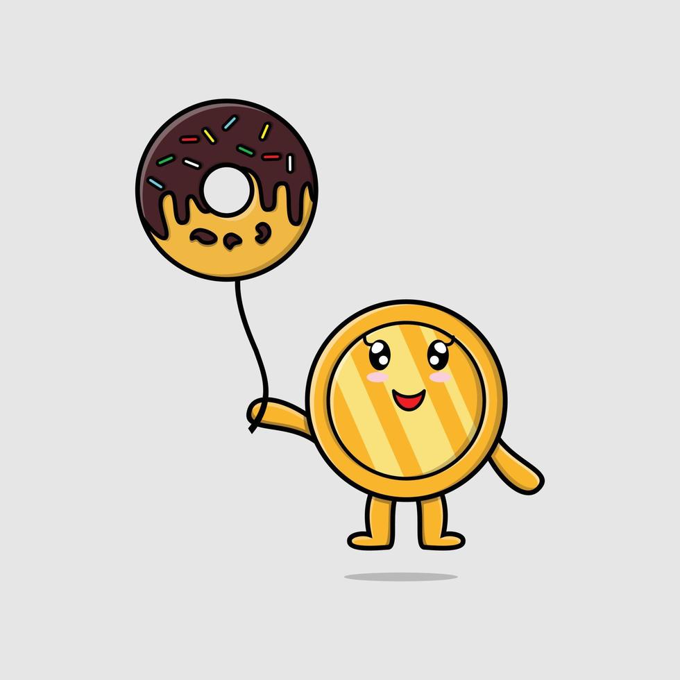 Cute cartoon gold coin floating with donut balloon vector