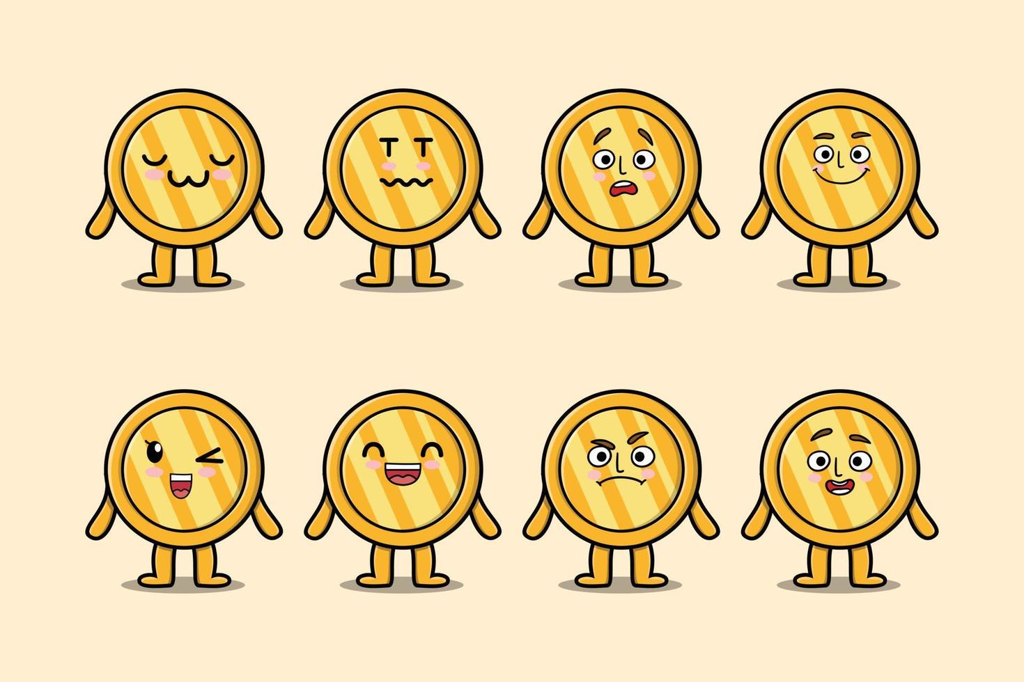 Set kawaii gold coin cartoon different expressions vector