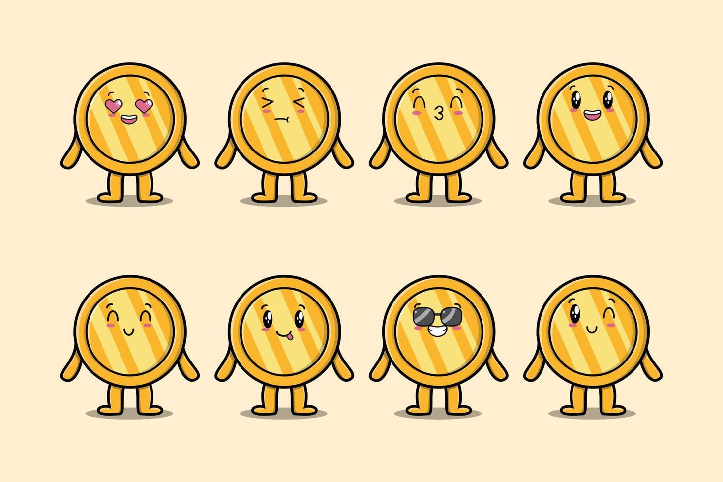 Set kawaii gold coin cartoon different expressions vector