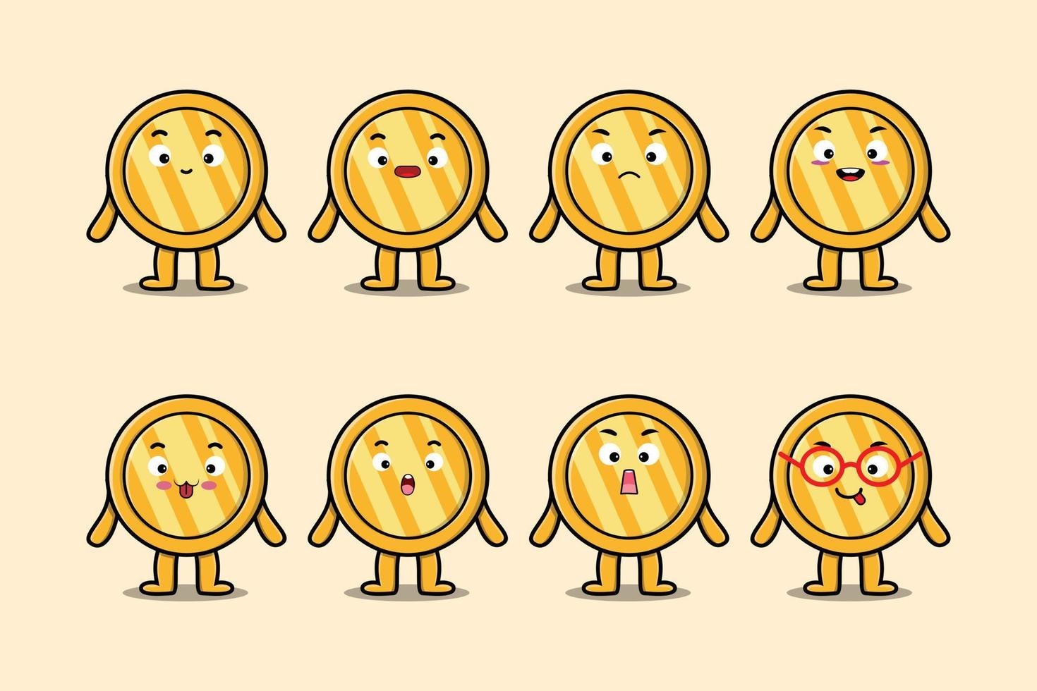 Set kawaii gold coin cartoon different expressions vector