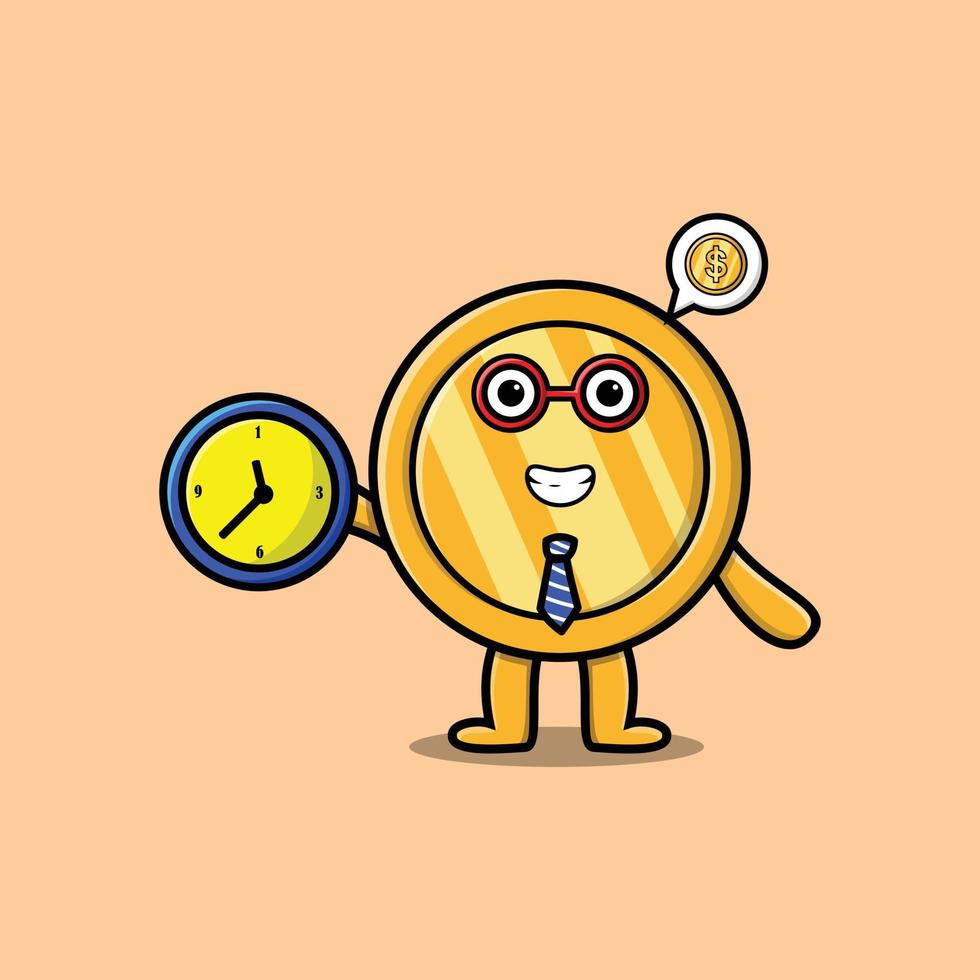 personaje de moneda de oro de dibujos animados lindo con reloj vector