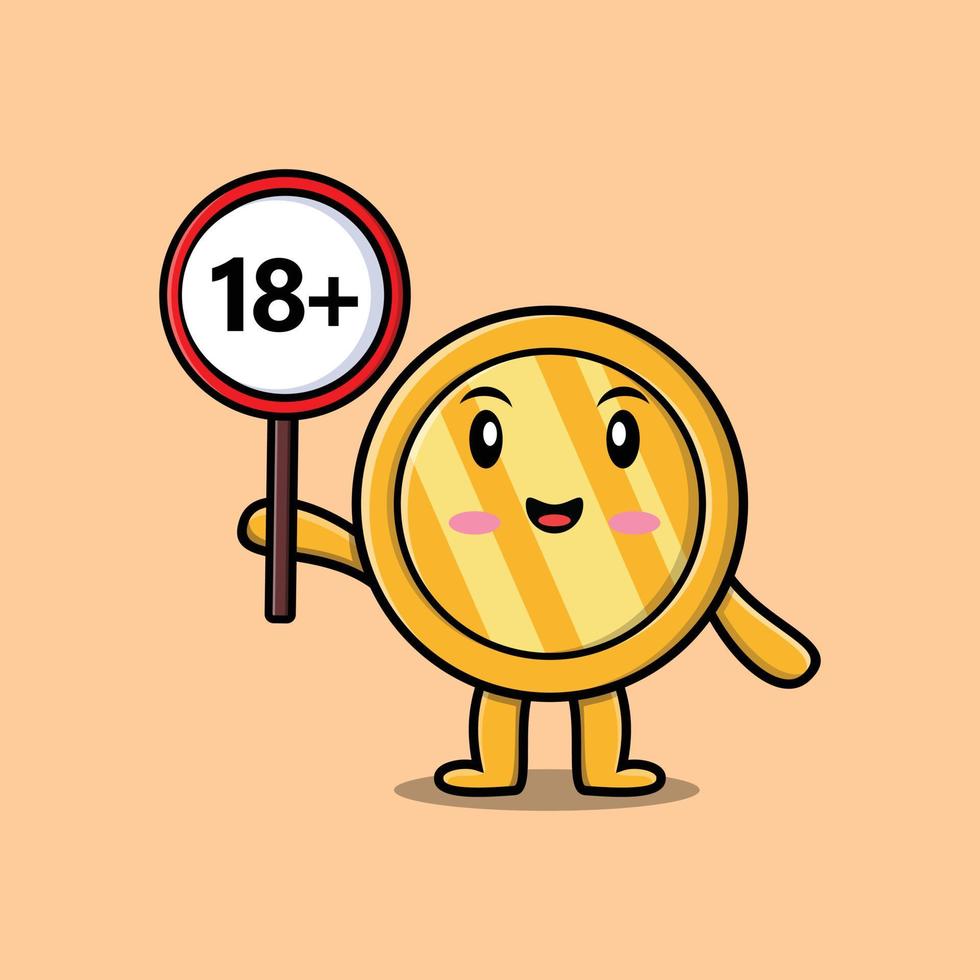 cute cartoon gold coin holding 18 plus sign board vector