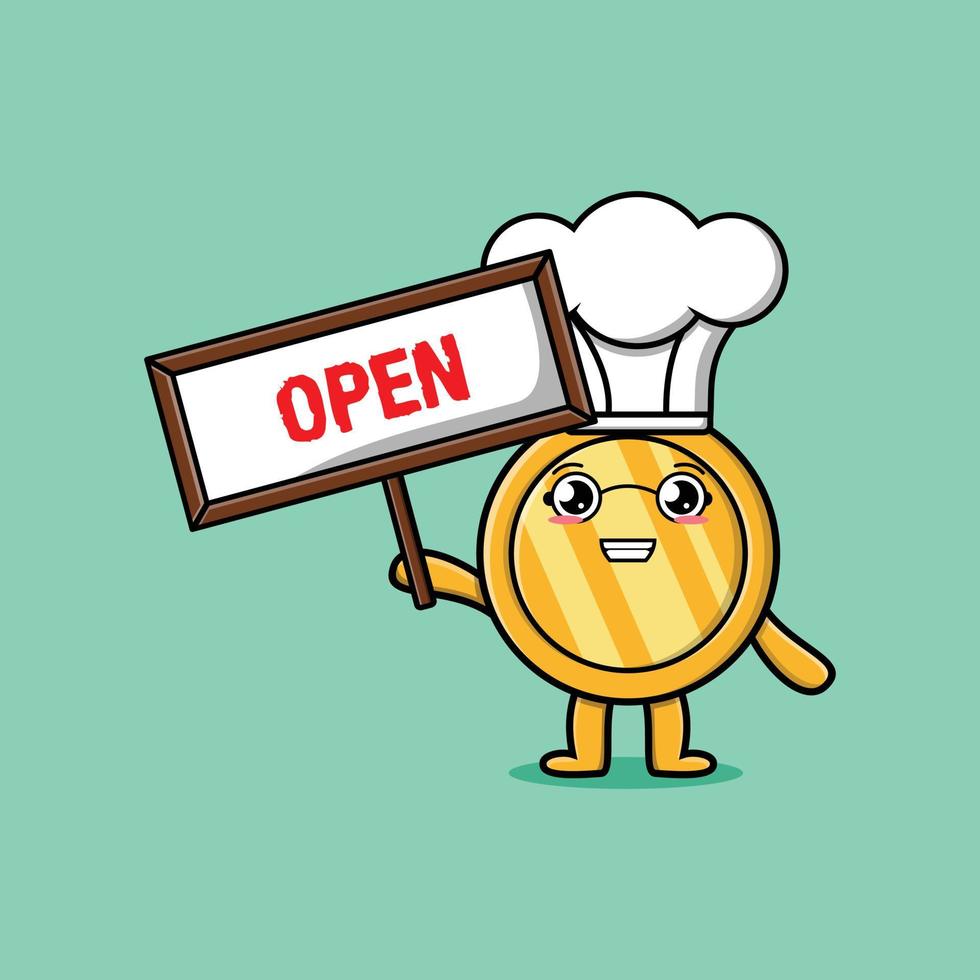 Cute cartoon gold coin character holding open sign vector