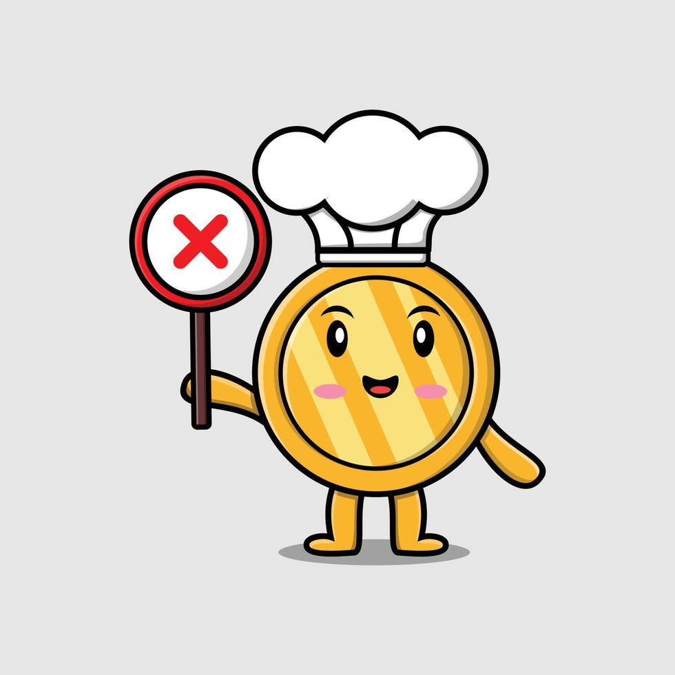 cute cartoon gold coin chef holding wrong sign vector